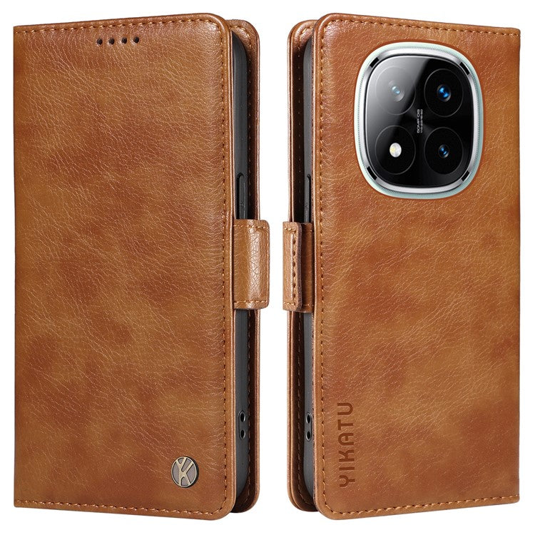 YIKATU YK-007 For Xiaomi Redmi Note 14 5G Case Side Buckle PU Leather Phone Cover Litchi Texture - Brown