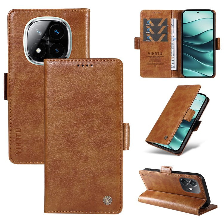 YIKATU YK-007 For Xiaomi Redmi Note 14 5G Case Side Buckle PU Leather Phone Cover Litchi Texture - Brown