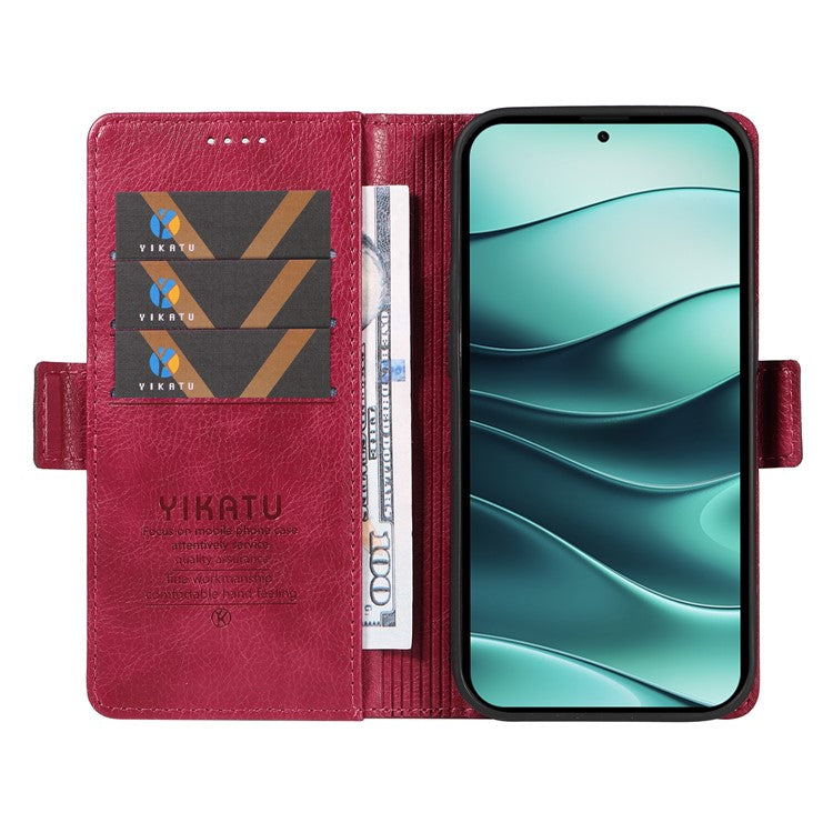 YIKATU YK-007 For Xiaomi Redmi Note 14 5G Case Side Buckle PU Leather Phone Cover Litchi Texture - Wine Red