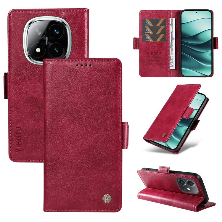 YIKATU YK-007 For Xiaomi Redmi Note 14 5G Case Side Buckle PU Leather Phone Cover Litchi Texture - Wine Red