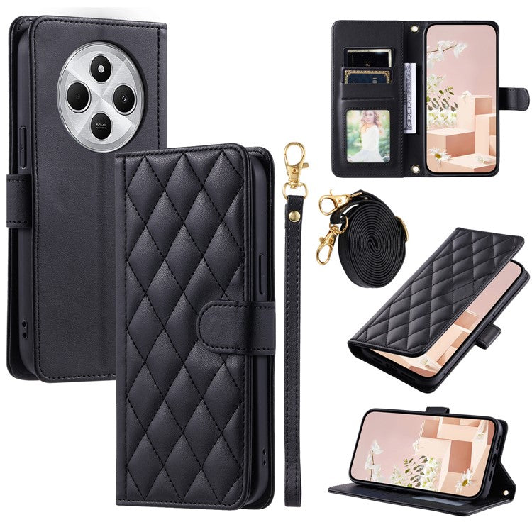 Leather Case for Xiaomi Poco C75 4G / Redmi 14R 5G / 14C 4G Wallet Rhombus Grid Phone Cover - Black