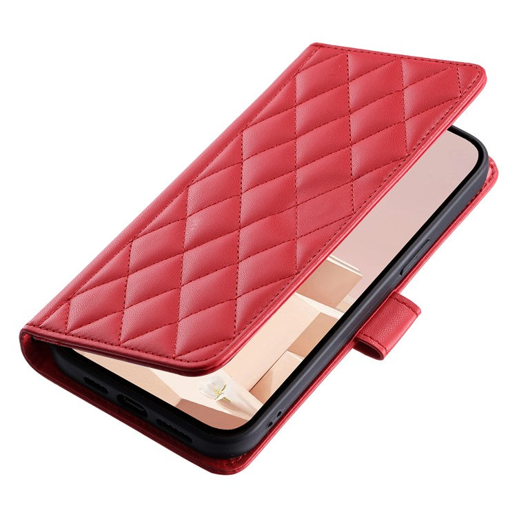 Leather Case for Xiaomi Poco C75 4G / Redmi 14R 5G / 14C 4G Wallet Rhombus Grid Phone Cover - Red