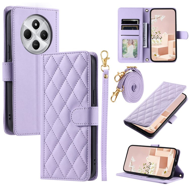 Leather Case for Xiaomi Poco C75 4G / Redmi 14R 5G / 14C 4G Wallet Rhombus Grid Phone Cover - Purple