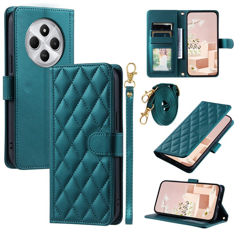 Leather Case for Xiaomi Poco C75 4G / Redmi 14R 5G / 14C 4G Wallet Rhombus Grid Phone Cover - Green