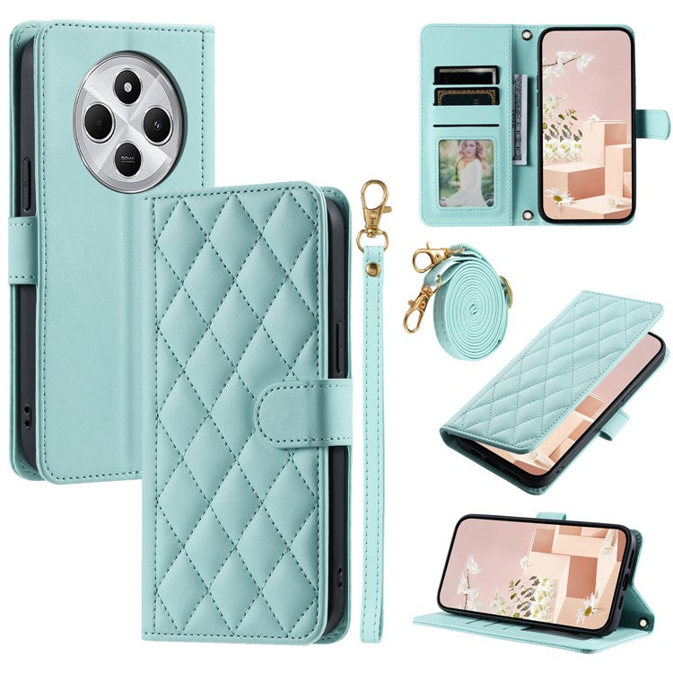 Leather Case for Xiaomi Poco C75 4G / Redmi 14R 5G / 14C 4G Wallet Rhombus Grid Phone Cover - Mint Green