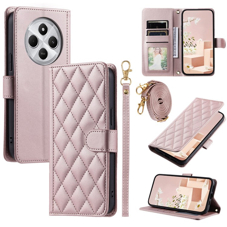 Leather Case for Xiaomi Poco C75 4G / Redmi 14R 5G / 14C 4G Wallet Rhombus Grid Phone Cover - Rose Gold