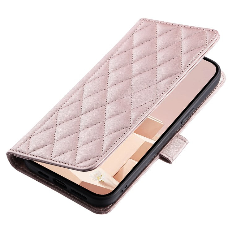 Leather Case for Xiaomi Poco C75 4G / Redmi 14R 5G / 14C 4G Wallet Rhombus Grid Phone Cover - Rose Gold