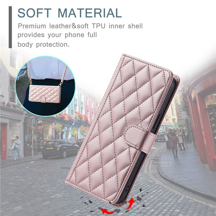 Leather Case for Xiaomi Poco C75 4G / Redmi 14R 5G / 14C 4G Wallet Rhombus Grid Phone Cover - Rose Gold