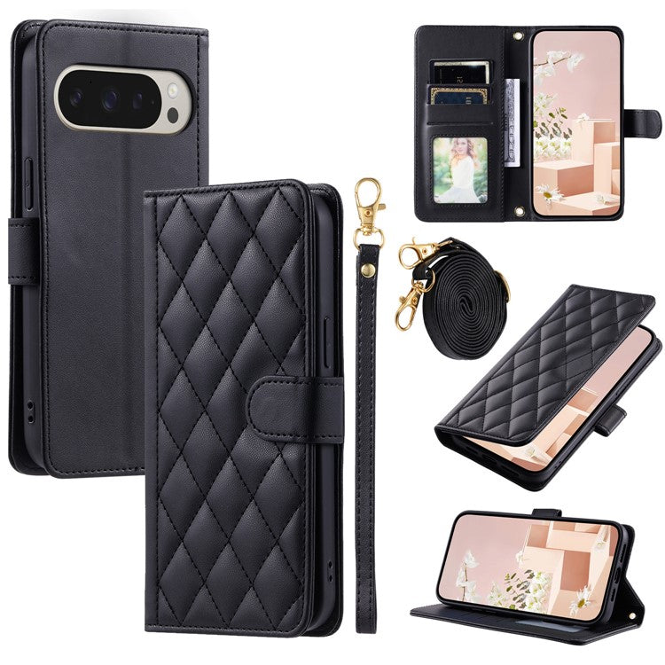 For Google Pixel 9 Pro / Pixel 9 Wallet Case Rhombus Grid PU Leather Phone Cover - Black