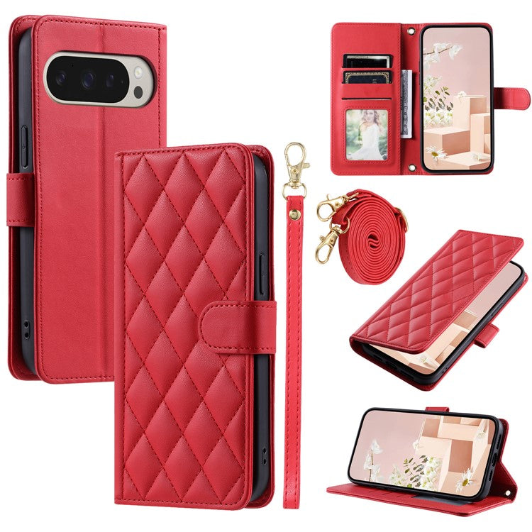 For Google Pixel 9 Pro / Pixel 9 Wallet Case Rhombus Grid PU Leather Phone Cover - Red