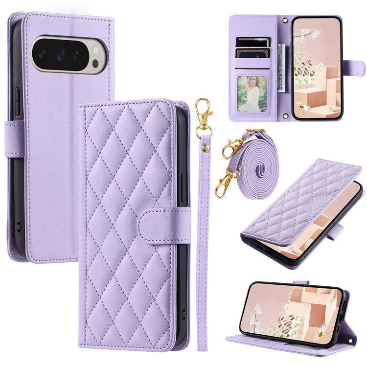 For Google Pixel 9 Pro / Pixel 9 Wallet Case Rhombus Grid PU Leather Phone Cover - Purple