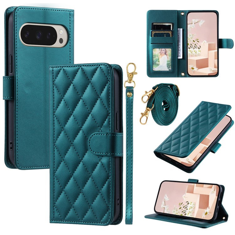 For Google Pixel 9 Pro / Pixel 9 Wallet Case Rhombus Grid PU Leather Phone Cover - Green