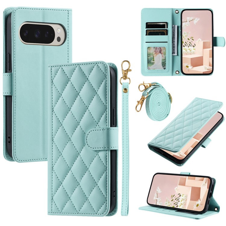 For Google Pixel 9 Pro / Pixel 9 Wallet Case Rhombus Grid PU Leather Phone Cover - Mint Green