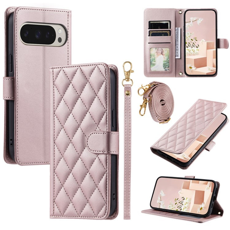 For Google Pixel 9 Pro / Pixel 9 Wallet Case Rhombus Grid PU Leather Phone Cover - Rose Gold