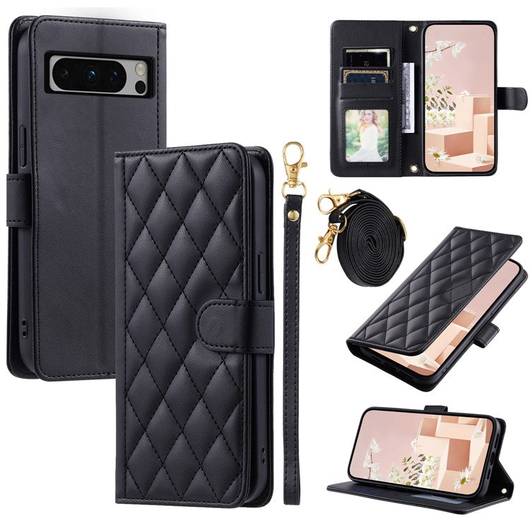 For Google Pixel 8 Pro Wallet Case Rhombus Grid PU Leather Phone Cover - Black