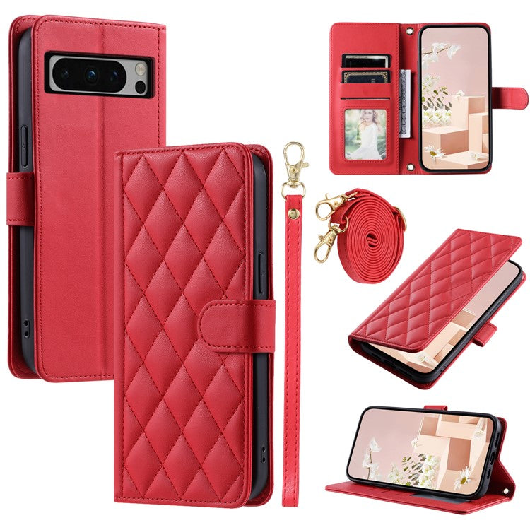 For Google Pixel 8 Pro Wallet Case Rhombus Grid PU Leather Phone Cover - Red