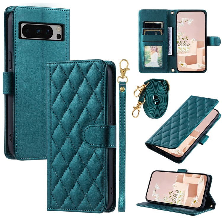 For Google Pixel 8 Pro Wallet Case Rhombus Grid PU Leather Phone Cover - Green