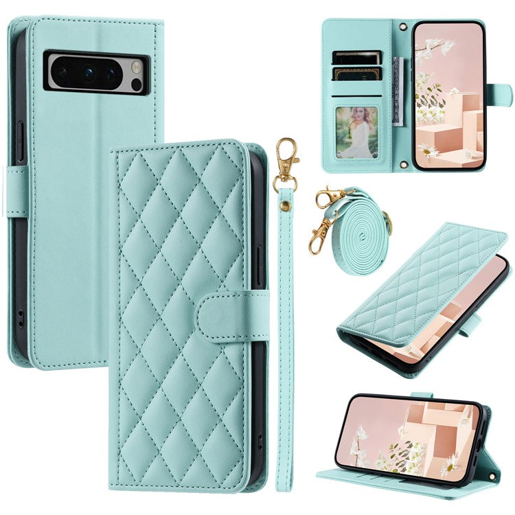 For Google Pixel 8 Pro Wallet Case Rhombus Grid PU Leather Phone Cover - Mint Green