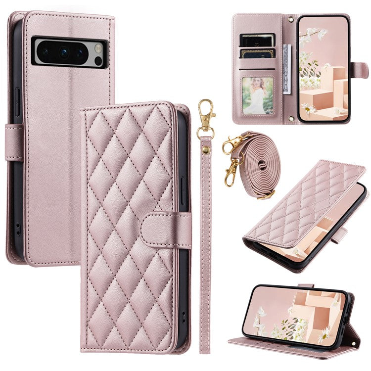 For Google Pixel 8 Pro Wallet Case Rhombus Grid PU Leather Phone Cover - Rose Gold