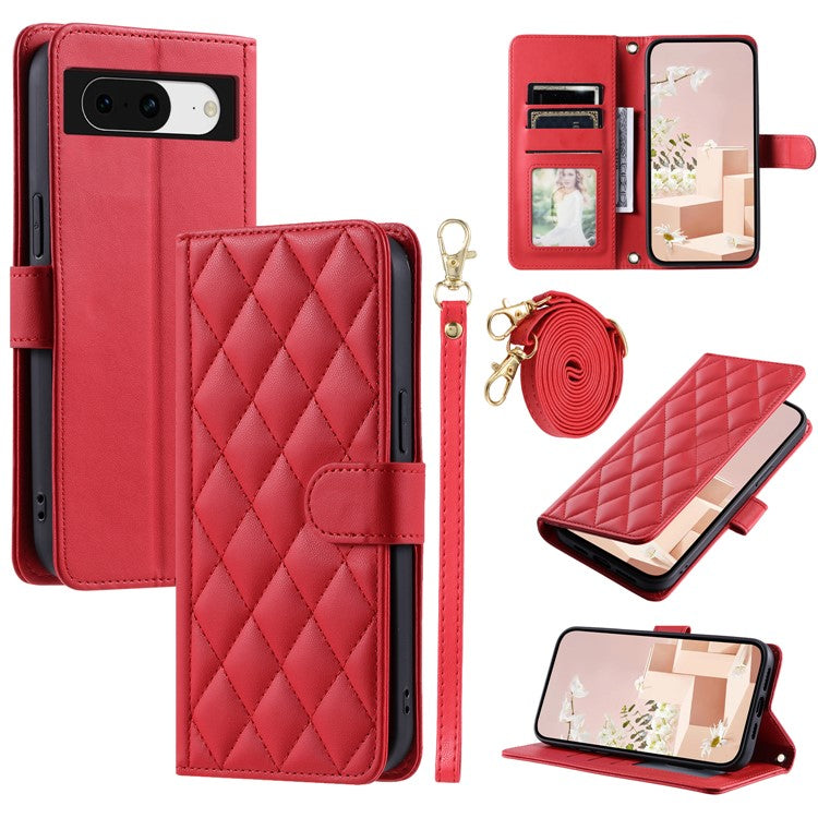 For Google Pixel 8 Wallet Case Rhombus Grid PU Leather Phone Cover - Red