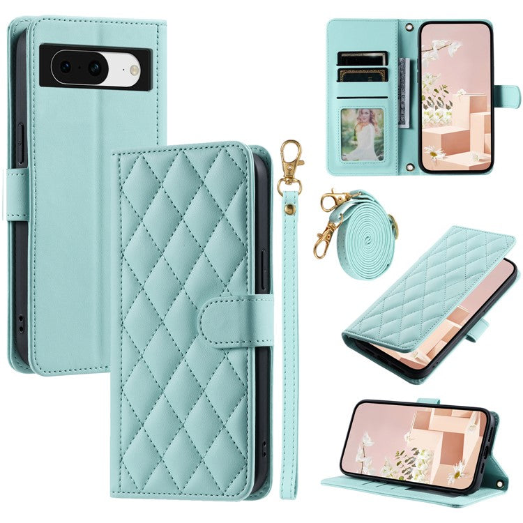 For Google Pixel 8 Wallet Case Rhombus Grid PU Leather Phone Cover - Mint Green