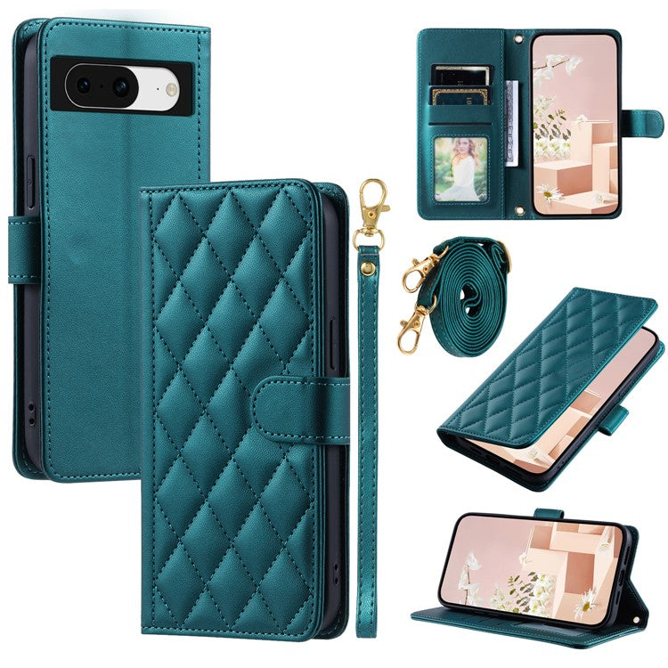 For Google Pixel 8 Wallet Case Rhombus Grid PU Leather Phone Cover - Green