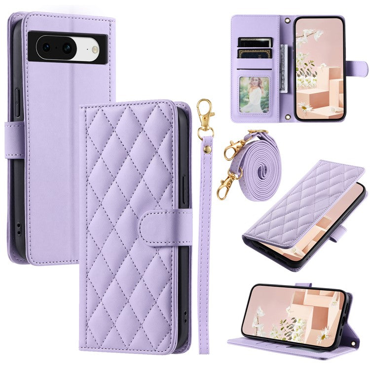 For Google Pixel 8 Wallet Case Rhombus Grid PU Leather Phone Cover - Purple