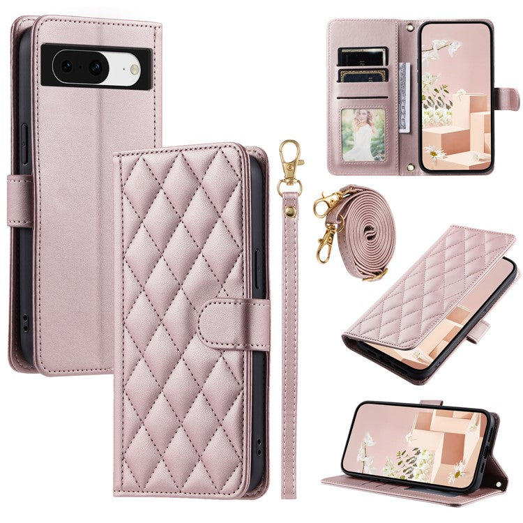 For Google Pixel 8 Wallet Case Rhombus Grid PU Leather Phone Cover - Rose Gold