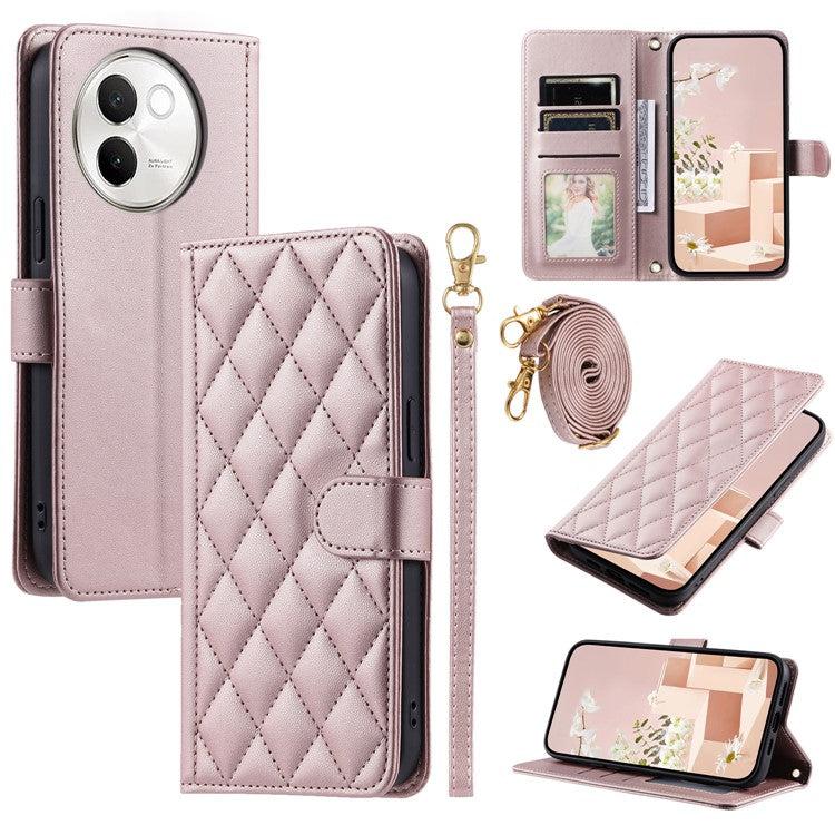 For vivo V40 Lite 5G / V30e 5G Wallet Case Rhombus Grid PU Leather Phone Cover - Rose Gold