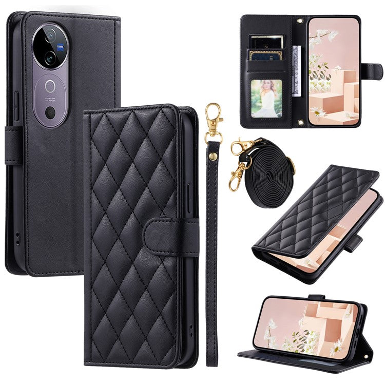 Leather Case for vivo T3 Ultra 5G / V40 Pro 5G / V40 5G / S19 Pro 5G Wallet Rhombus Grid Phone Cover - Black