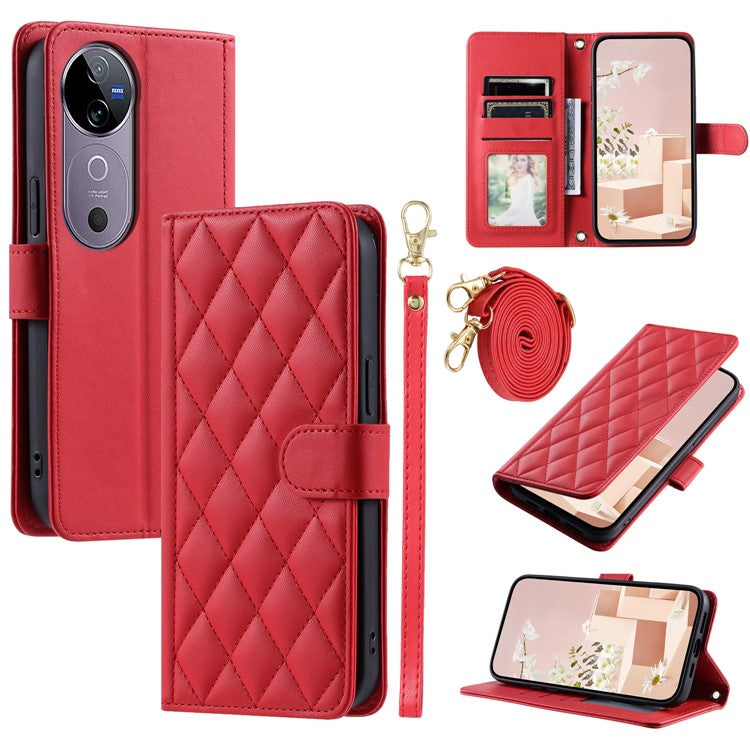 Leather Case for vivo T3 Ultra 5G / V40 Pro 5G / V40 5G / S19 Pro 5G Wallet Rhombus Grid Phone Cover - Red