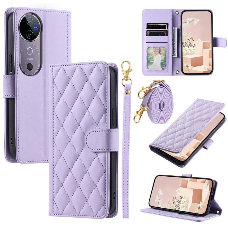 Leather Case for vivo T3 Ultra 5G / V40 Pro 5G / V40 5G / S19 Pro 5G Wallet Rhombus Grid Phone Cover - Purple