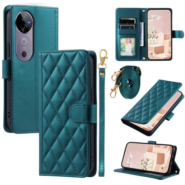 Leather Case for vivo T3 Ultra 5G / V40 Pro 5G / V40 5G / S19 Pro 5G Wallet Rhombus Grid Phone Cover - Green