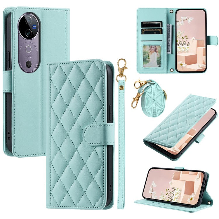 Leather Case for vivo T3 Ultra 5G / V40 Pro 5G / V40 5G / S19 Pro 5G Wallet Rhombus Grid Phone Cover - Mint Green