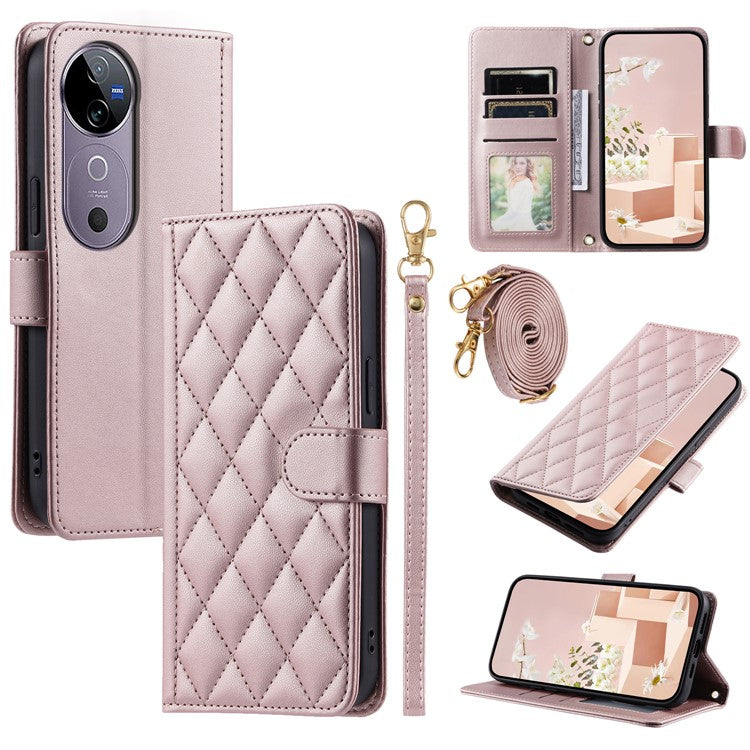 Leather Case for vivo T3 Ultra 5G / V40 Pro 5G / V40 5G / S19 Pro 5G Wallet Rhombus Grid Phone Cover - Rose Gold