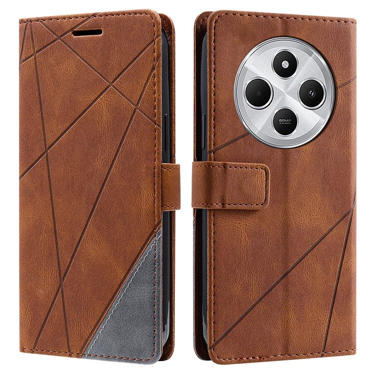 Leather Case for Xiaomi Poco C75 4G / Redmi 14R 5G / 14C 4G Splicing Wallet Phone Cover - Brown