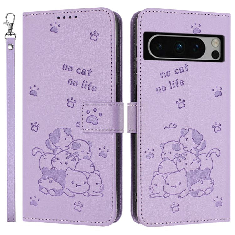 For Google Pixel 8 Pro Case with Strap Cats Imprint Leather Wallet Phone Cover - Purple