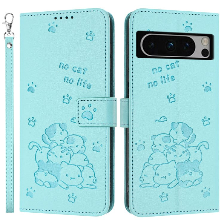 For Google Pixel 8 Pro Case with Strap Cats Imprint Leather Wallet Phone Cover - Green