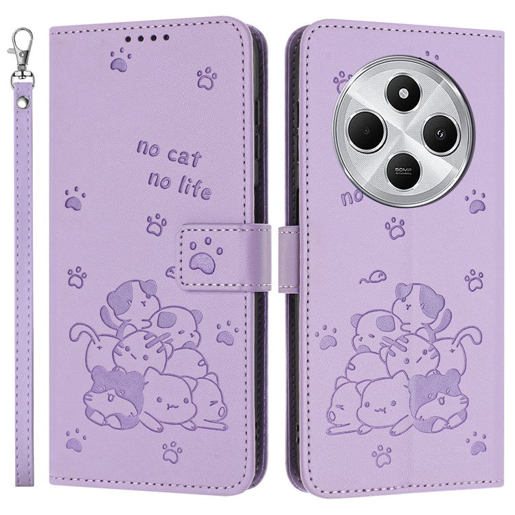 Phone Case For Xiaomi Redmi 14C 4G / 14R 5G / Poco C75 4G with Strap Cats Imprint Leather Wallet Phone Cover - Purple