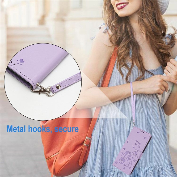 Phone Case For Xiaomi Redmi 14C 4G / 14R 5G / Poco C75 4G with Strap Cats Imprint Leather Wallet Phone Cover - Purple