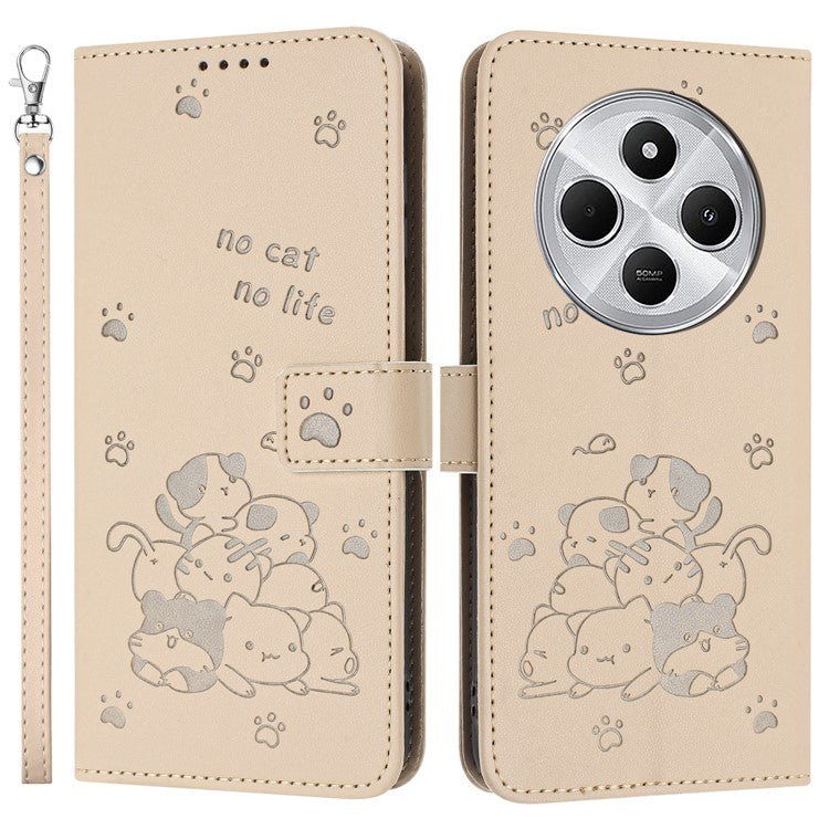 Phone Case For Xiaomi Redmi 14C 4G / 14R 5G / Poco C75 4G with Strap Cats Imprint Leather Wallet Phone Cover - Beige