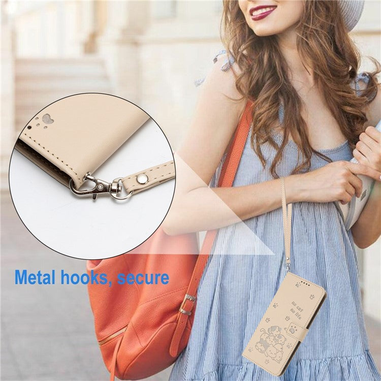 Phone Case For Xiaomi Redmi 14C 4G / 14R 5G / Poco C75 4G with Strap Cats Imprint Leather Wallet Phone Cover - Beige