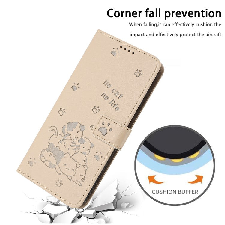 Phone Case For Xiaomi Redmi 14C 4G / 14R 5G / Poco C75 4G with Strap Cats Imprint Leather Wallet Phone Cover - Beige