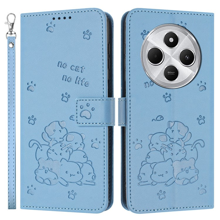 Phone Case For Xiaomi Redmi 14C 4G / 14R 5G / Poco C75 4G with Strap Cats Imprint Leather Wallet Phone Cover - Blue