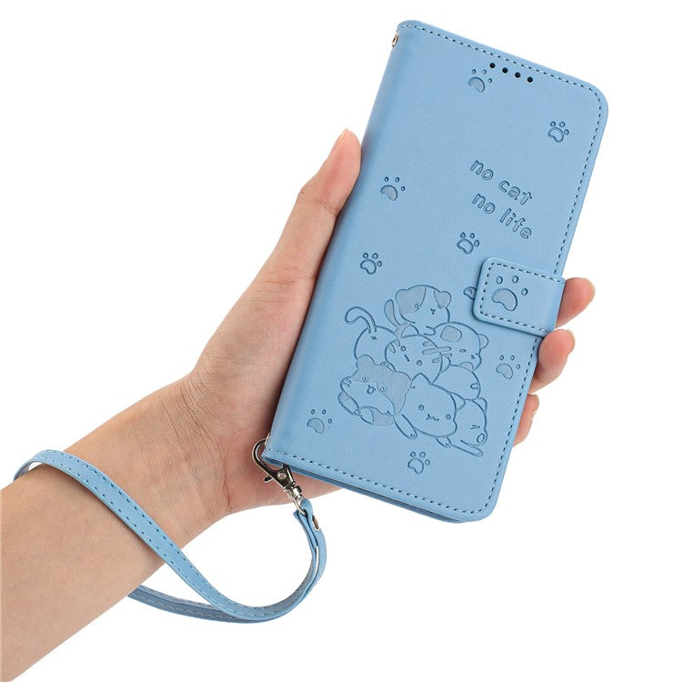 Phone Case For Xiaomi Redmi 14C 4G / 14R 5G / Poco C75 4G with Strap Cats Imprint Leather Wallet Phone Cover - Blue