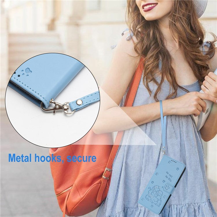 Phone Case For Xiaomi Redmi 14C 4G / 14R 5G / Poco C75 4G with Strap Cats Imprint Leather Wallet Phone Cover - Blue