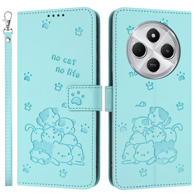 Phone Case For Xiaomi Redmi 14C 4G / 14R 5G / Poco C75 4G with Strap Cats Imprint Leather Wallet Phone Cover - Green