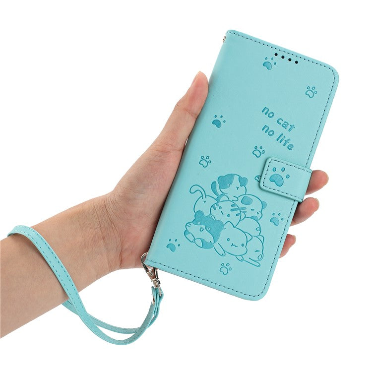 Phone Case For Xiaomi Redmi 14C 4G / 14R 5G / Poco C75 4G with Strap Cats Imprint Leather Wallet Phone Cover - Green