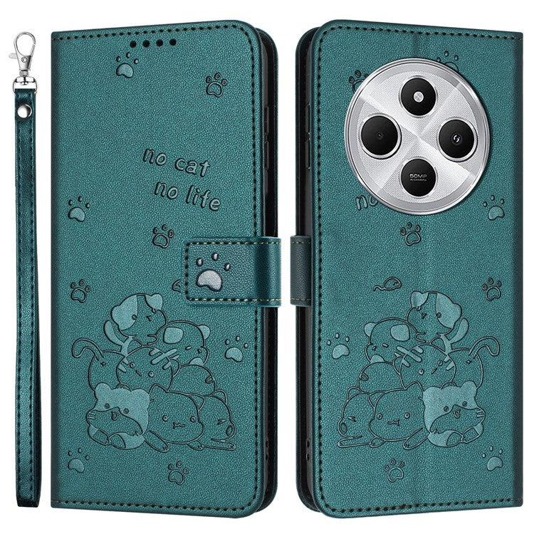 Phone Case For Xiaomi Redmi 14C 4G / 14R 5G / Poco C75 4G with Strap Cats Imprint Leather Wallet Phone Cover - Blackish Green