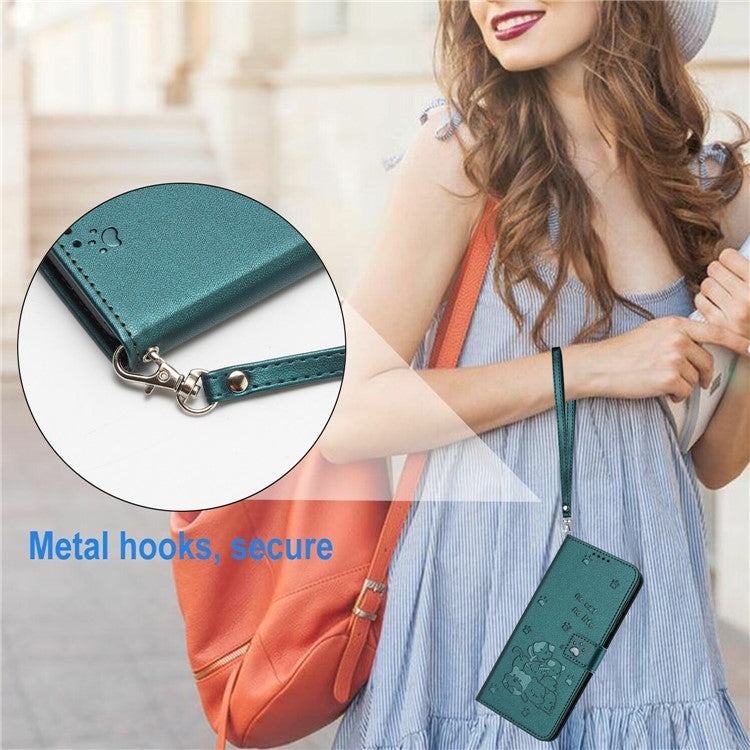 Phone Case For Xiaomi Redmi 14C 4G / 14R 5G / Poco C75 4G with Strap Cats Imprint Leather Wallet Phone Cover - Blackish Green